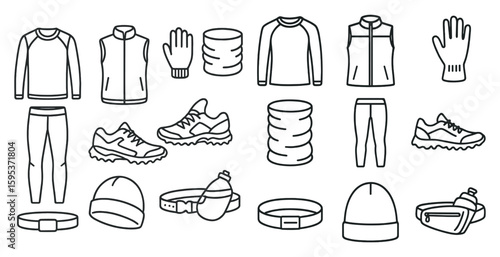 Collection of clothing and accessories for outdoor activities. The items include a hat, gloves, and a water bottle