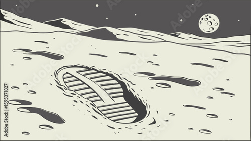 Footprint on the moon surface with craters, mountains, stars and a full moon in the background scene
