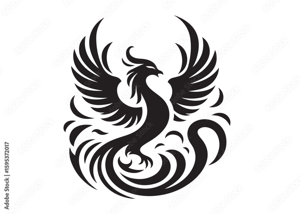 Fototapeta premium Phoenix bird logo silhouette vector, phoenix bird logo vector icon illustration design, Vector silhouette of a Phoenix bird, falcon wings phoenix bird logo silhouettes vector on a white background 