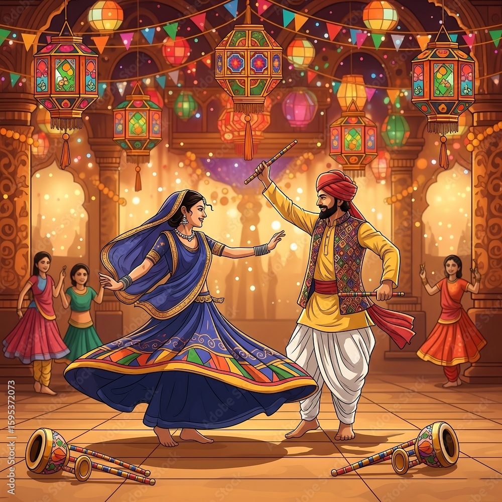 Fototapeta premium Couple dancing joyfully during indian festival celebration with colorful lights