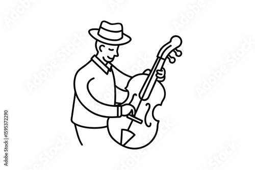 Minimalist line art illustration of a musician playing a double bass wearing a hat and suit isolated on a white background for creative design projects