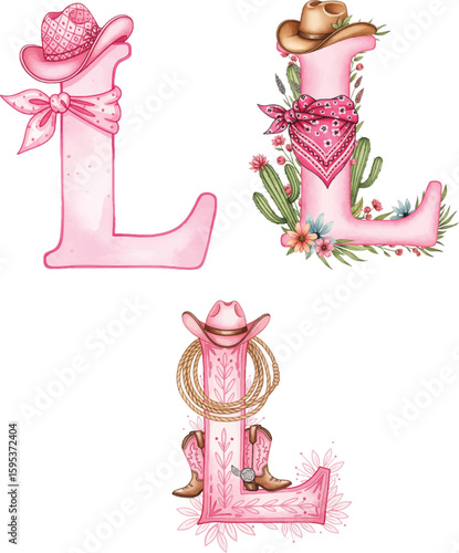 Pink Western Letter L Set - Cowgirl Alphabet with Hats, Bandanas & Boots