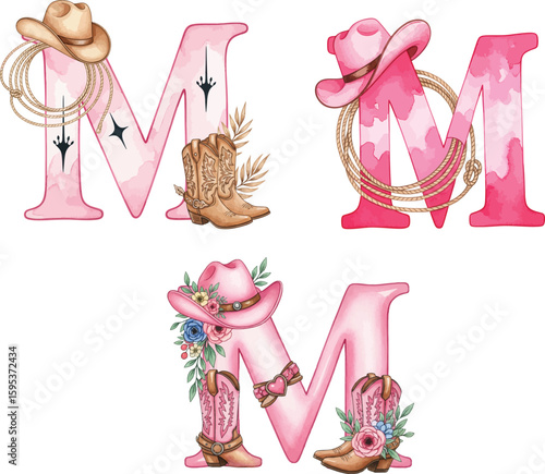Pink Western Letter M Set - Cowgirl Alphabet with Boots & Hats

