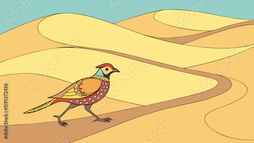Colorful pheasant walking across a desert path with sand dunes and a light blue sky background