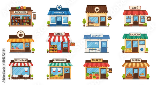 Adobe illustrator vector artwork set various colorful small businesses and shops, including a bookstore, pharmacy, cafes, restaurants, laundry, and markets. Perfect for local business retail concepts
