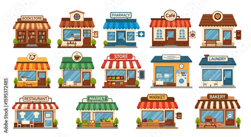 Adobe illustrator vector artwork set various colorful small businesses and shops, including a bookstore, pharmacy, cafes, restaurants, laundry, and markets. Perfect for local business retail concepts