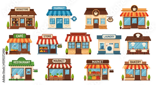 Adobe illustrator vector artwork set various colorful small businesses and shops, including a bookstore, pharmacy, cafes, restaurants, laundry, and markets. Perfect for local business retail concepts