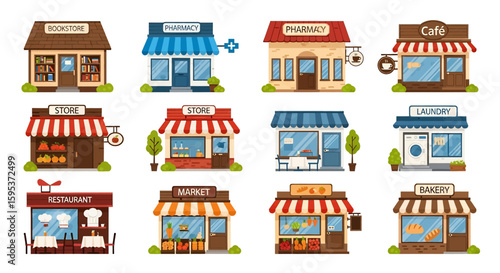 Adobe illustrator vector artwork set various colorful small businesses and shops, including a bookstore, pharmacy, cafes, restaurants, laundry, and markets. Perfect for local business retail concepts