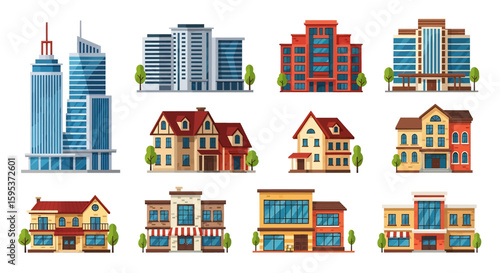 Adobe illustrator vector artwork set of various city buildings, including skyscrapers, residential houses, and storefronts. Perfect for urban landscapes, real estate, and city life concepts