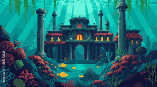 Pixel Art Underwater Ruin with Fish and Coral Reef