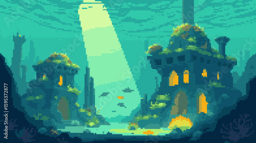 Pixelated Underwater Ruins Bathed in Light