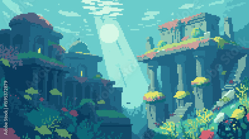 Pixel Art Underwater City Ruins with Sun Rays
