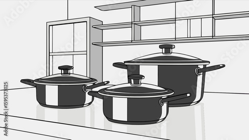 Three pots with lids sitting on a kitchen counter with cabinets and shelves in the background scene