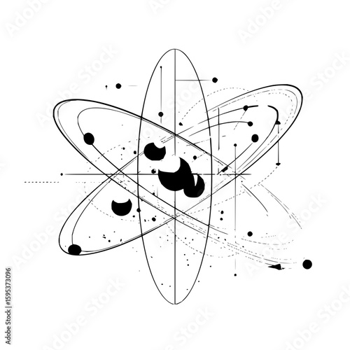Abstract atom representation with orbiting particles and intersecting elliptical shapes design element
