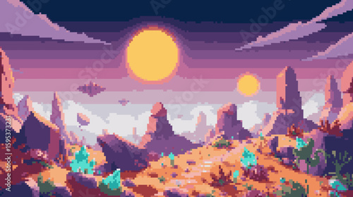 Pixelated Alien Landscape with Two Suns and Flying Objects