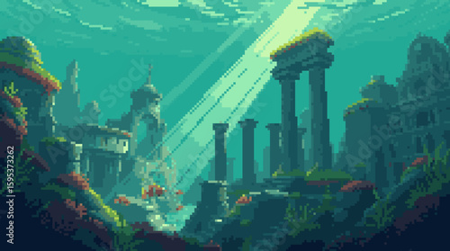 Sunken City Pixel Art: Underwater Ruins with Light Rays