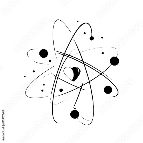 Atom structure with a heart in the center and electrons orbiting around it in a white background view