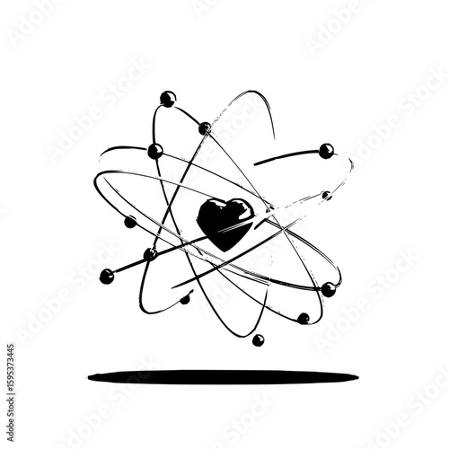 Stylized atom with heart nucleus and orbiting electrons in black and white artistic rendering style