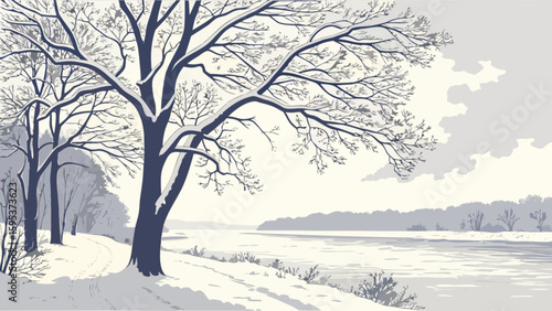 Winter landscape featuring snow covered trees and a frozen river under a cloudy sky in grayscale