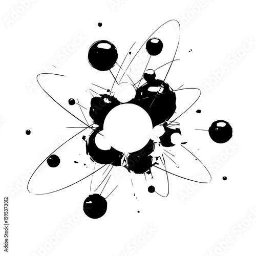 Abstract representation of an atom with black and white spheres and orbital paths in monochrome style