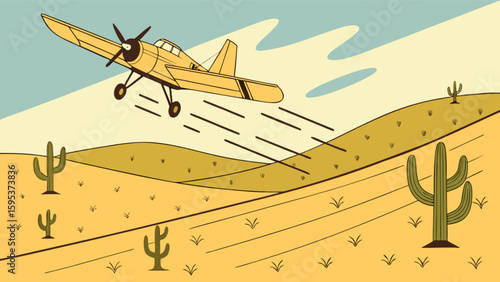 Yellow airplane flying over a desert landscape with cacti and rolling hills under a blue sky scene