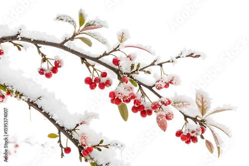 A snowy branch with red berries and winter blooms against on AI Generated by PNG