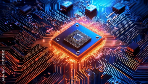 close up view of microchip surrounded by intricate circuit patterns showcasing vibrant orange and blue lights this captures essence of technology and innovation in digital age
