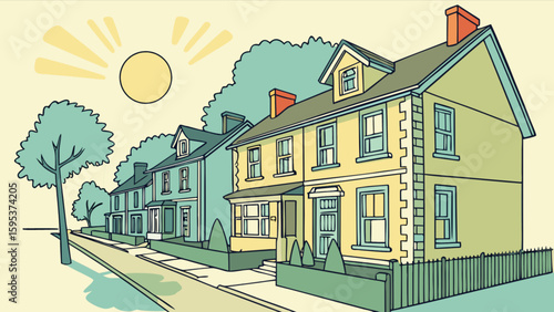 Illustration of a suburban street with houses trees sun and picket fences creating a neighborhood scene