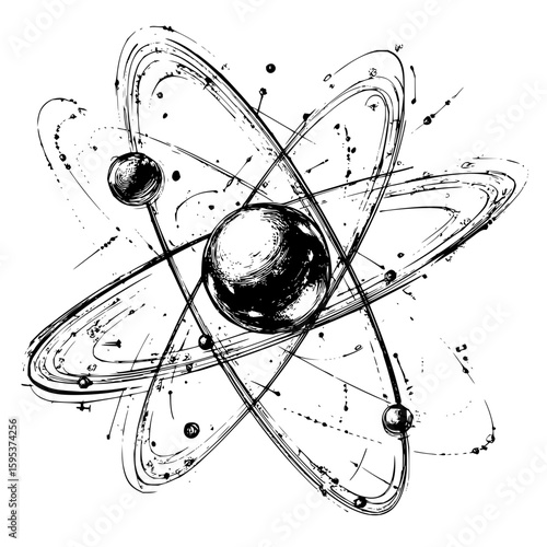 Illustration of an atom with orbiting electrons in a stylized sketch with black and white rendering style