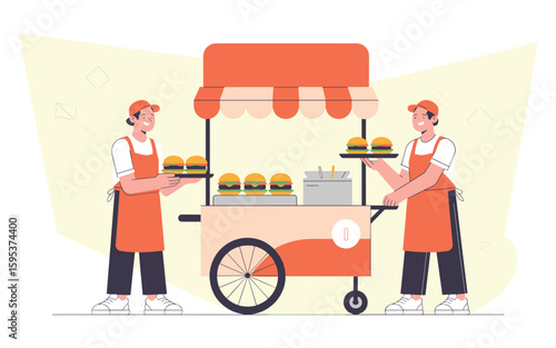 Burger stall vector illustration showcasing street food vendors and cart