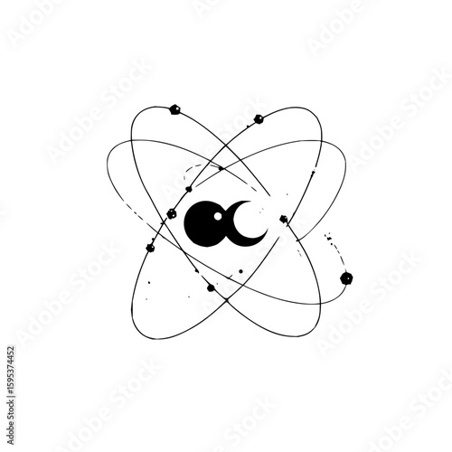 Stylized atom illustration with orbiting electrons and a central moon and circle design element
