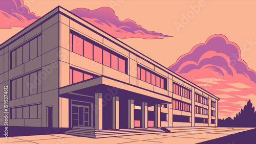 Illustration of a modern building with large windows and a flat roof against a colorful skyscape scene