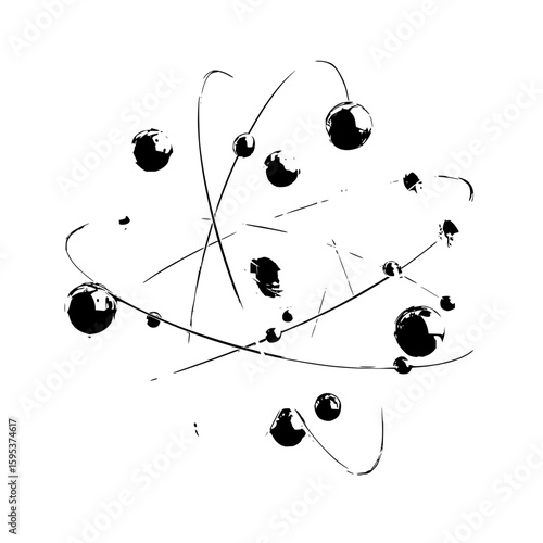 Stylized depiction of an atom with orbiting electrons and nucleus in black and white rendering style