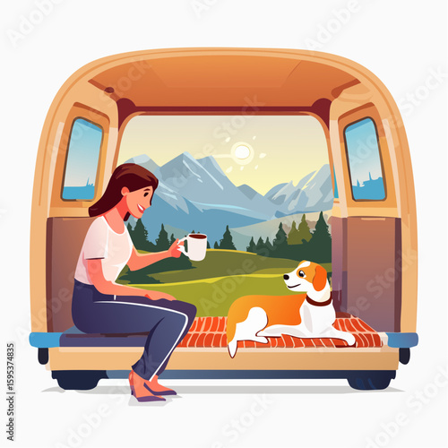 Woman enjoying coffee inside a cozy camper van with a dog, surrounded by scenic mountains and greenery, capturing the essence of travel and companionship in nature