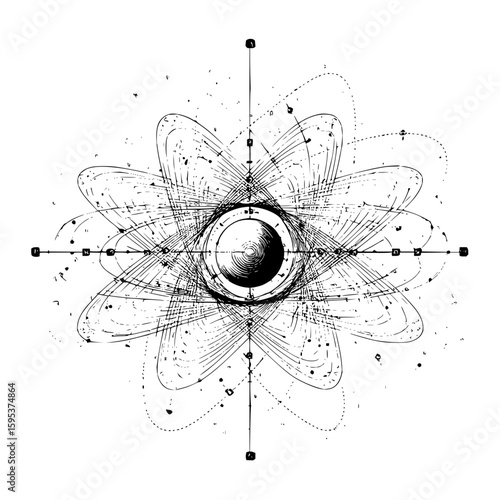 Abstract sketch of a central circle surrounded by radiating lines and petal like shapes in black and white