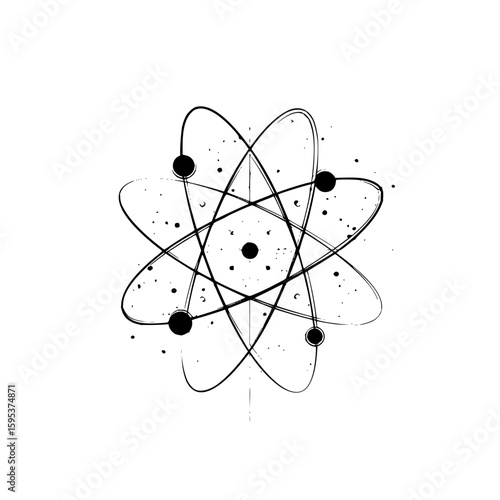 Illustration of a stylized atom with orbiting electrons and a central nucleus in black and white