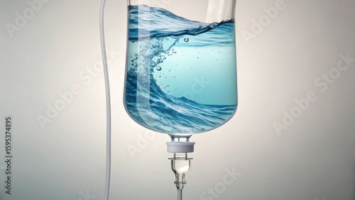 Infusion of Ocean Wave: A unique conceptual image featuring an IV drip bag, artistically filled with a mesmerizing ocean wave, symbolizing the essence of life and rejuvenation. 