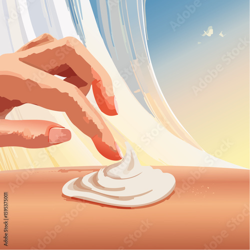 Hand applying soothing lotion to sunburned skin, gently massaging in circular motions, with redness visibly fading under soft sunlight, conveying relief and care for damaged skin