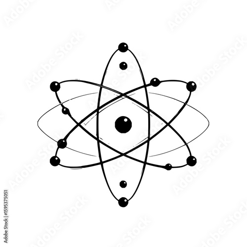Illustration of an atom with electrons orbiting a nucleus in a stylized black and white drawing style