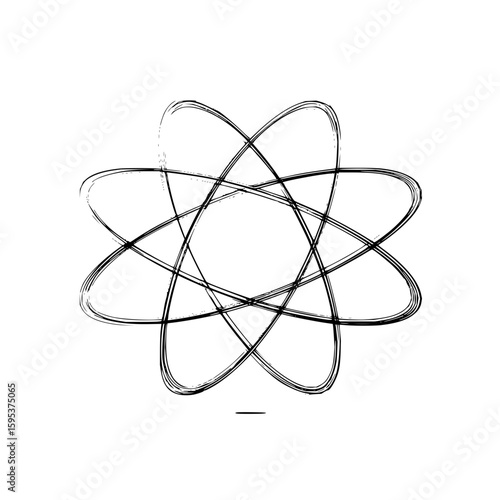 Stylized atom model with orbital paths in black ink sketch style on a white background visual graphic