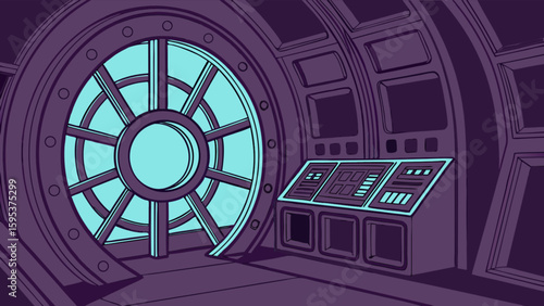 Interior view of a spaceship with a large circular window and control panel displays showing screens
