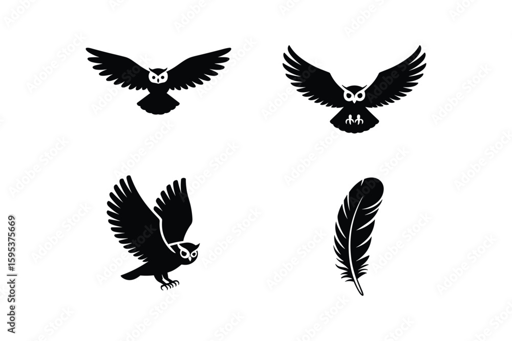 Fototapeta premium Black silhouettes of owls in flight and a feather flying