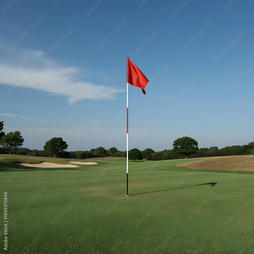 Obraz premium A golf course and a flag.