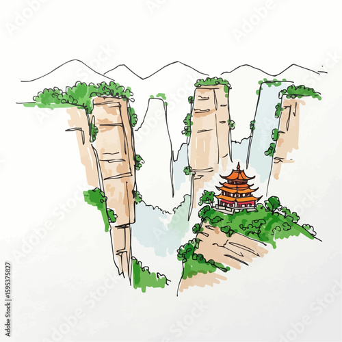 Scenic illustration of Zhangjiajie mountains with traditional pagoda  
