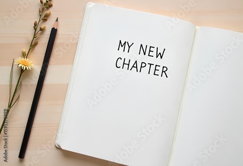 Journal titled “My New Chapter”, with pencil and dried flower nearby