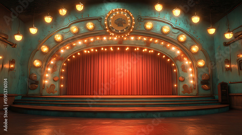 Vintage Theater Stage with Red Curtains and Antique Lighting
