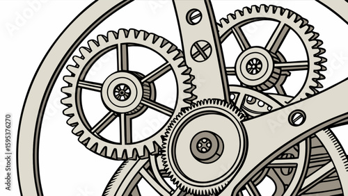 Detailed illustration of interlocking gears and mechanical components in light gray tones design