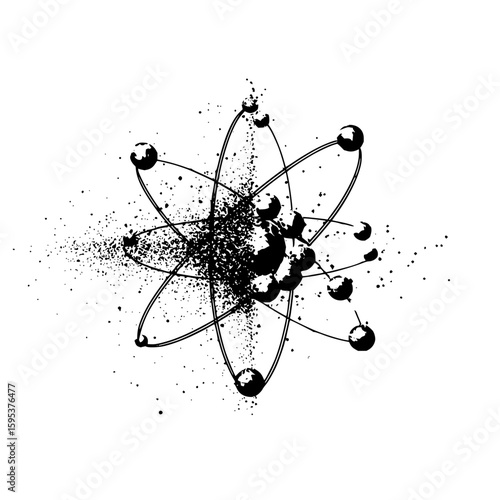 Stylized atom illustration with orbital paths and scattered particle effect in black and white design