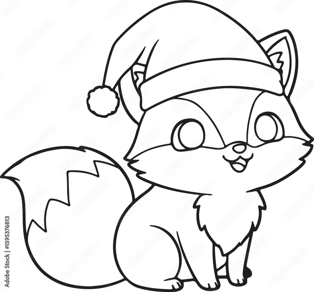 Fototapeta premium Chibi-style cartoon fox with Santa hat, fluffy tail, sitting and smiling, holiday coloring page design, no colors,