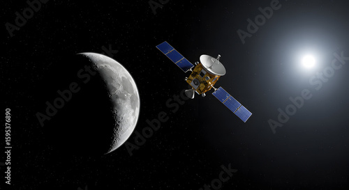 Satellite orbiting the moon with the sun in the background in a dark space environment view